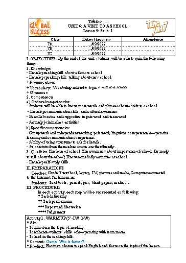 Kế hoạch bài dạy Tiếng Anh Lớp 7 Global Success - Unit 6: A visit to a school - Lesson 5: Skills 1 - Năm học 2022-2023