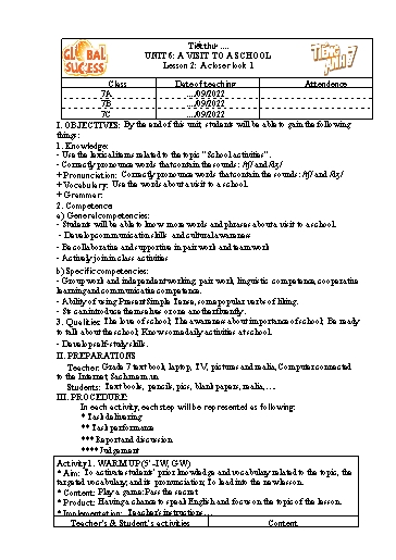 Kế hoạch bài dạy Tiếng Anh Lớp 7 Global Success - Unit 6: A visit to a school - Lesson 2: A closer look 1 - Năm học 2022-2023 Kế hoạch bài dạy Tiếng Anh Lớp 7 Global Success - Unit 6: A visit to a school - Lesson 2: A closer look 1 - Năm học 2022-2023