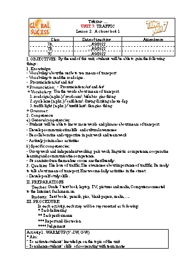 Kế hoạch bài dạy Tiếng Anh Lớp 7 Global Success - Unit 7: Traffic - Lesson 2: A closer look 1 - Năm học 2022-2023 Kế hoạch bài dạy Tiếng Anh Lớp 7 Global Success - Unit 7: Traffic - Lesson 2: A closer look 1 - Năm học 2022-2023