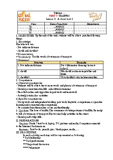 Kế hoạch bài dạy Tiếng Anh Lớp 7 Global Success - Unit 7: Traffic - Lesson 3: A closer look 2 - Năm học 2022-2023 Kế hoạch bài dạy Tiếng Anh Lớp 7 Global Success - Unit 7: Traffic - Lesson 3: A closer look 2 - Năm học 2022-2023