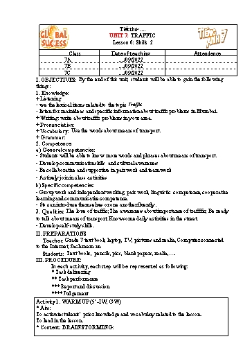 Kế hoạch bài dạy Tiếng Anh Lớp 7 Global Success - Unit 7: Traffic - Lesson 6: Skills 2 - Năm học 2022-2023 Kế hoạch bài dạy Tiếng Anh Lớp 7 Global Success - Unit 7: Traffic - Lesson 6: Skills 2 - Năm học 2022-2023