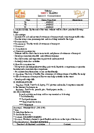 Kế hoạch bài dạy Tiếng Anh Lớp 7 Global Success - Unit 7: Traffic - Lesson 4: Communication - Năm học 2022-2023