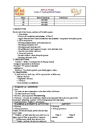 Kế hoạch bài dạy Tiếng Anh Lớp 7 Global Success - Unit 8: Films - Lesson 7: Looking back & project - Năm học 2022-2023
