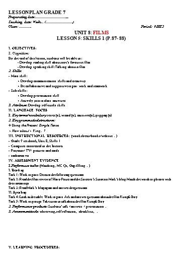 Kế hoạch bài dạy Tiếng Anh Lớp 7 Global Success - Unit 8: Films - Lesson 5: Skills 1 - Năm học 2022-2023 Kế hoạch bài dạy Tiếng Anh Lớp 7 Global Success - Unit 8: Films - Lesson 5: Skills 1 - Năm học 2022-2023