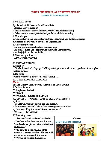 Kế hoạch bài dạy Tiếng Anh Lớp 7 Global Success - Unit 9: Festivals around the world - Lesson 4: Communication - Năm học 2022-2023 Kế hoạch bài dạy Tiếng Anh Lớp 7 Global Success - Unit 9: Festivals around the world - Lesson 4: Communication - Năm học 2022-2023