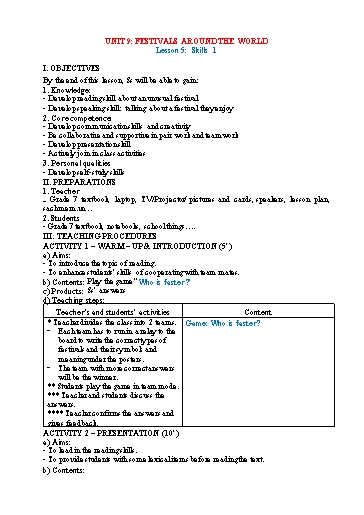Kế hoạch bài dạy Tiếng Anh Lớp 7 Global Success - Unit 9: Festivals around the world - Lesson 5: Skills 1 - Năm học 2022-2023 Kế hoạch bài dạy Tiếng Anh Lớp 7 Global Success - Unit 9: Festivals around the world - Lesson 5: Skills 1 - Năm học 2022-2023