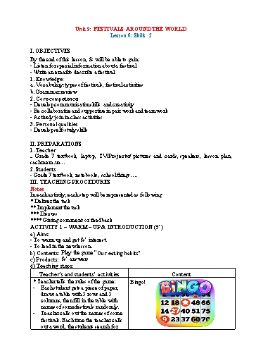 Kế hoạch bài dạy Tiếng Anh Lớp 7 Global Success - Unit 9: Festivals around the world - Lesson 6: Skills 2 - Năm học 2022-2023 Kế hoạch bài dạy Tiếng Anh Lớp 7 Global Success - Unit 9: Festivals around the world - Lesson 6: Skills 2 - Năm học 2022-2023