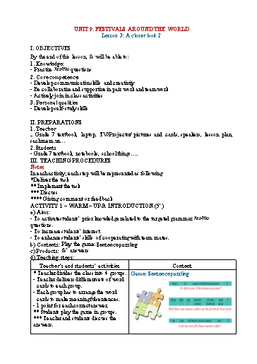 Kế hoạch bài dạy Tiếng Anh Lớp 7 Global Success - Unit 9: Festivals around the world - Lesson 3: A closer look 2 - Năm học 2022-2023 Kế hoạch bài dạy Tiếng Anh Lớp 7 Global Success - Unit 9: Festivals around the world - Lesson 3: A closer look 2 - Năm học 2022-2023