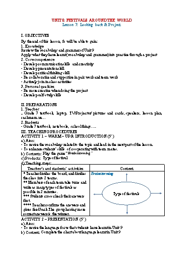 Kế hoạch bài dạy Tiếng Anh Lớp 7 Global Success - Unit 9: Festivals around the world - Lesson 7: Looking back & project - Năm học 2022-2023 Kế hoạch bài dạy Tiếng Anh Lớp 7 Global Success - Unit 9: Festivals around the world - Lesson 7: Looking back & project - Năm học 2022-2023