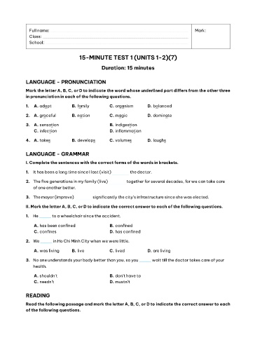 Kiểm tra 15 phút Tiếng Anh Lớp 11 Global Success - Unit 1+2 - Đề 8 (Có đáp án)