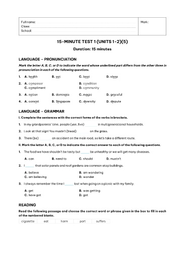 Kiểm tra 15 phút Tiếng Anh Lớp 11 Global Success - Unit 1+2 - Đề 6 (Có đáp án)