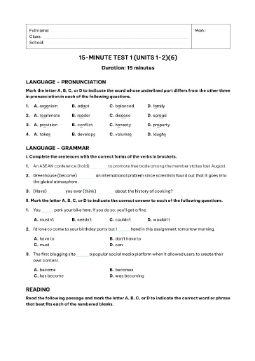 Kiểm tra 15 phút Tiếng Anh Lớp 11 Global Success - Unit 1+2 - Đề 7 (Có đáp án)