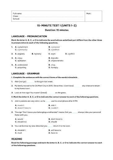 Kiểm tra 15 phút Tiếng Anh Lớp 11 Global Success - Unit 1+2 - Đề 1 (Có đáp án)