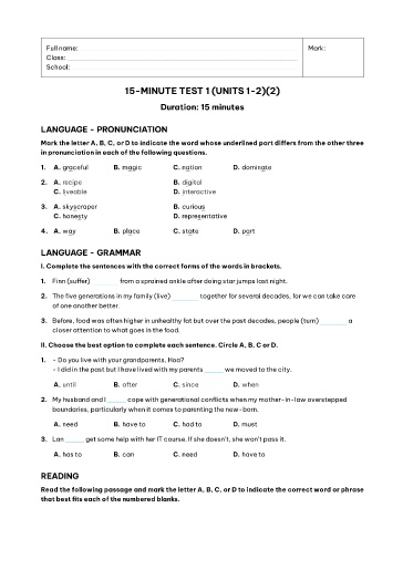 Kiểm tra 15 phút Tiếng Anh Lớp 11 Global Success - Unit 1+2 - Đề 3 (Có đáp án)
