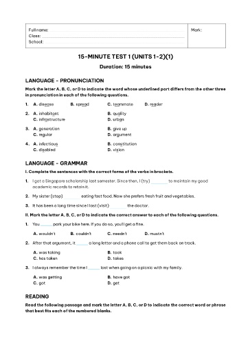 Kiểm tra 15 phút Tiếng Anh Lớp 11 Global Success - Unit 1+2 - Đề 2 (Có đáp án)