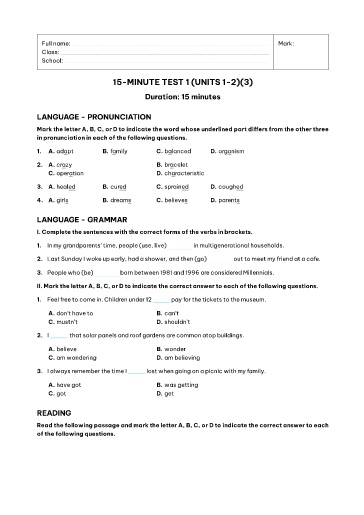 Kiểm tra 15 phút Tiếng Anh Lớp 11 Global Success - Unit 1+2 - Đề 4 (Có đáp án)