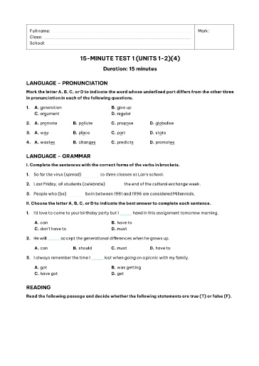 Kiểm tra 15 phút Tiếng Anh Lớp 11 Global Success - Unit 1+2 - Đề 5 (Có đáp án)