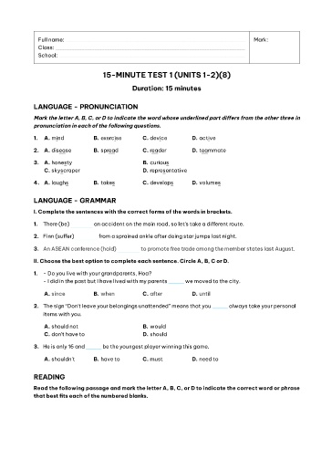 Kiểm tra 15 phút Tiếng Anh Lớp 11 Global Success - Unit 1+2 - Đề 9 (Có đáp án)
