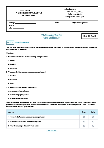 Kiểm tra nghe Tiếng Anh Lớp 8 Global Success - Mã đề: Test 10 (Có file nghe và đáp án)