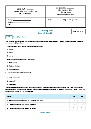 Kiểm tra nghe Tiếng Anh Lớp 8 Global Success - Mã đề: Test 2 (Có file nghe và đáp án)