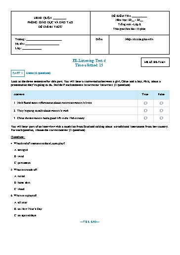 Kiểm tra nghe Tiếng Anh Lớp 8 Global Success - Mã đề: Test 4 (Có file nghe và đáp án)