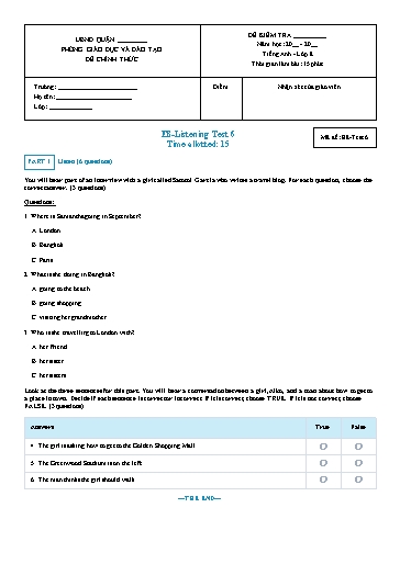 Kiểm tra nghe Tiếng Anh Lớp 8 Global Success - Mã đề: Test 6 (Có file nghe và đáp án)