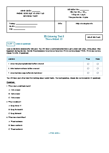 Kiểm tra nghe Tiếng Anh Lớp 8 Global Success - Mã đề: Test 8 (Có file nghe và đáp án)