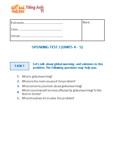 Kiểm tra Speaking Tiếng Anh Lớp 11 Global Success - Unit 4-5