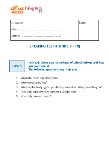 Kiểm tra Speaking Tiếng Anh Lớp 11 Global Success - Unit 9-10