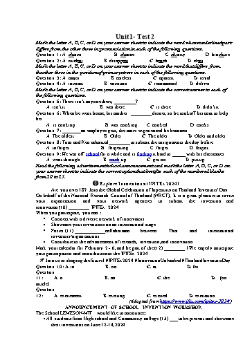 Kiểm tra Tiếng Anh Lớp 12 Global Success - Unit 1: Life stories we admire - Test 2 (Có đáp án)