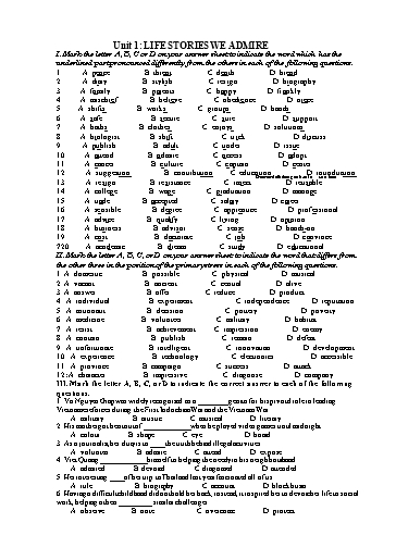 Kiểm tra Tiếng Anh Lớp 12 Global Success - Unit 1: Life stories we admire - Test 1 (Có đáp án)