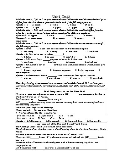 Kiểm tra Tiếng Anh Lớp 12 Global Success - Unit 1: Life stories we admire - Test 3 (Có đáp án)