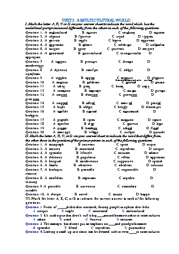 Kiểm tra Tiếng Anh Lớp 12 Global Success - Unit 2: A multicultural world - Test 1 (Có đáp án)