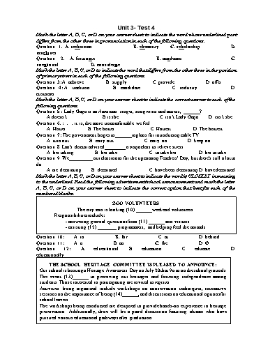 Kiểm tra Tiếng Anh Lớp 12 Global Success - Unit 3: Green living - Test 4 (Có đáp án)