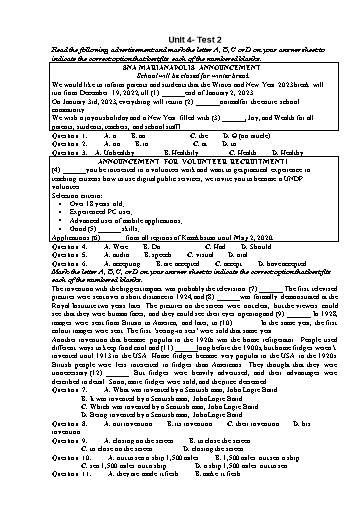 Kiểm tra Tiếng Anh Lớp 12 Global Success - Unit 4: Urbanisation - Test 2 (Có đáp án)