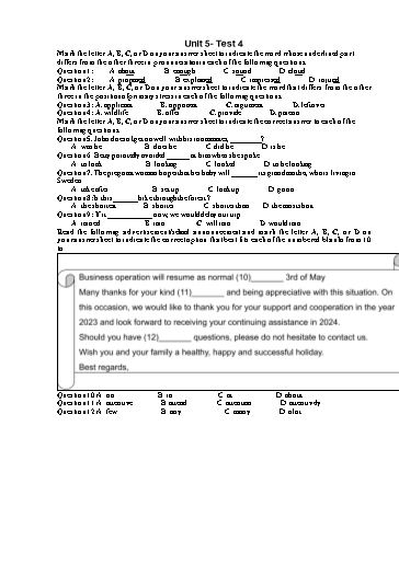 Kiểm tra Tiếng Anh Lớp 12 Global Success - Unit 5: The world of work - Test 4 (Có đáp án)