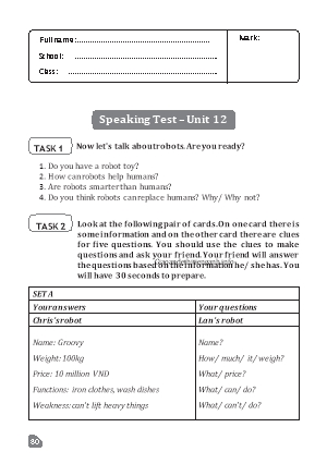 Kiểm tra Tiếng Anh Lớp 6 Global Success - Phần: Speaking - Unit 12