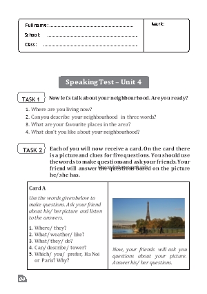 Kiểm tra Tiếng Anh Lớp 6 Global Success - Phần: Speaking - Unit 4 Kiểm tra Tiếng Anh Lớp 6 Global Success - Phần: Speaking - Unit 4