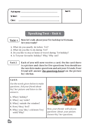Kiểm tra Tiếng Anh Lớp 6 Global Success - Phần: Speaking - Unit 6