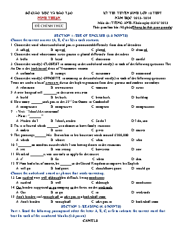 Kỳ thi tuyển sinh vào Lớp 10 THPT môn Tiếng Anh - Năm học 2023-2024 - Sở GD&ĐT Ninh Thuận (Có đáp án)