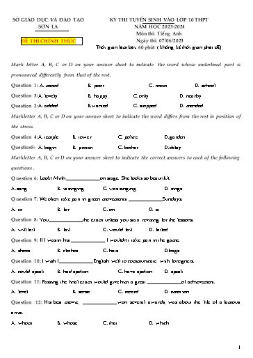 Kỳ thi tuyển sinh vào Lớp 10 THPT môn Tiếng Anh - Năm học 2023-2024 - Sở GD&ĐT Sơn La (Có đáp án)
