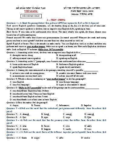 Kỳ thi tuyển sinh vào Lớp 10 THPT môn Tiếng Anh - Năm học 2023-2024 - Sở GD&ĐT Tiền Giang (Có đáp án)