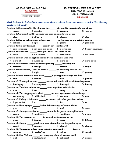 Kỳ thi tuyển sinh vào Lớp 10 THPT môn Tiếng Anh - Năm học 2023-2024 - Sở GD&ĐT Hải Dương (Có đáp án)