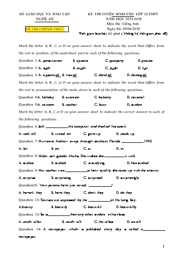 Kỳ thi tuyển sinh vào Lớp 10 THPT môn Tiếng Anh - Năm học 2023-2024 - Sở GD&ĐT Nghệ An (Có đáp án)