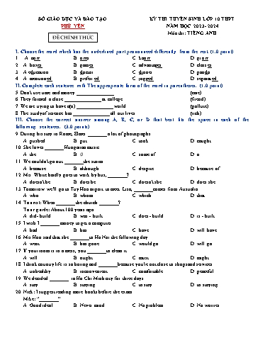 Kỳ thi tuyển sinh vào Lớp 10 THPT môn Tiếng Anh - Năm học 2023-2024 - Sở GD&ĐT Phú Yên (Có đáp án)