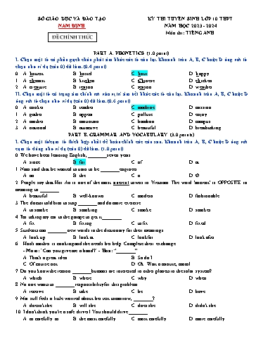 Kỳ thi tuyển sinh vào Lớp 10 THPT môn Tiếng Anh - Năm học 2023-2024 - Sở GD&ĐT Nam Định (Có đáp án)