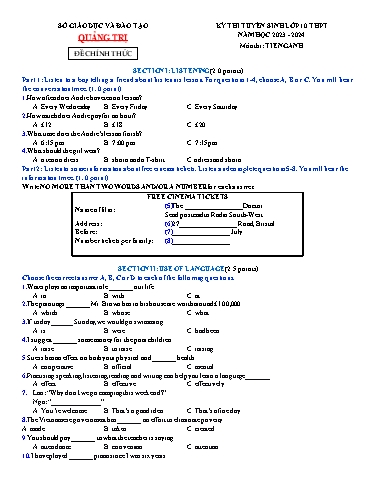 Kỳ thi tuyển sinh vào Lớp 10 THPT môn Tiếng Anh - Năm học 2023-2024 - Sở GD&ĐT Quảng Trị (Có đáp án)