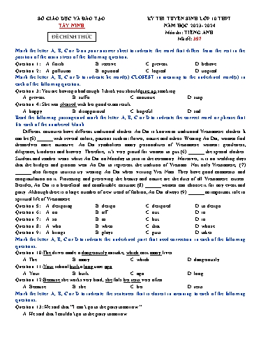 Kỳ thi tuyển sinh vào Lớp 10 THPT môn Tiếng Anh - Năm học 2023-2024 - Sở GD&ĐT Tây Ninh (Có đáp án)