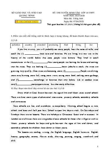 Kỳ thi tuyển sinh vào Lớp 10 THPT môn Tiếng Anh - Năm học 2023-2024 - Sở GD&ĐT Quảng Bình (Có đáp án)