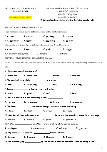Kỳ thi tuyển sinh vào Lớp 10 THPT môn Tiếng Anh - Năm học 2023-2024 - Sở GD&ĐT Quảng Nam (Có đáp án)